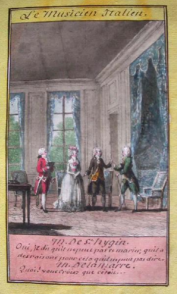 Almanach de 1758 ; Proverbes dramatiques Recueil factice de 103 dessins illustrant le premier tome des Proverbes dramatiques : Le musicien italien