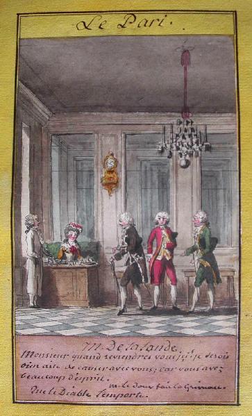 Almanach de 1758 ; Proverbes dramatiques Recueil factice de 103 dessins illustrant le premier tome des Proverbes dramatiques : Le pari