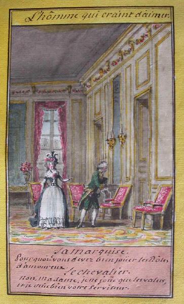 Almanach de 1758 ; Proverbes dramatiques Recueil factice de 103 dessins illustrant le premier tome des Proverbes dramatiques : L'homme qui craint d'aimer
