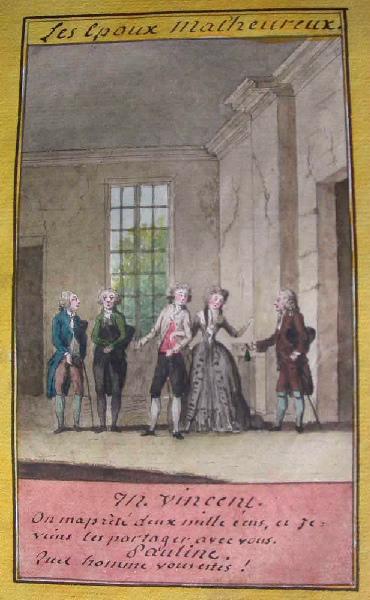 Almanach de 1758 ; Proverbes dramatiques Recueil factice de 103 dessins illustrant le premier tome des Proverbes dramatiques : Les époux malheureux