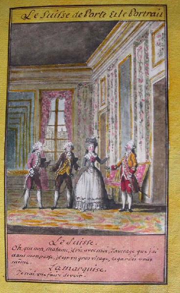 Almanach de 1758 ; Proverbes dramatiques Recueil factice de 103 dessins illustrant le premier tome des Proverbes dramatiques : Le Suisse de porte et le portrait