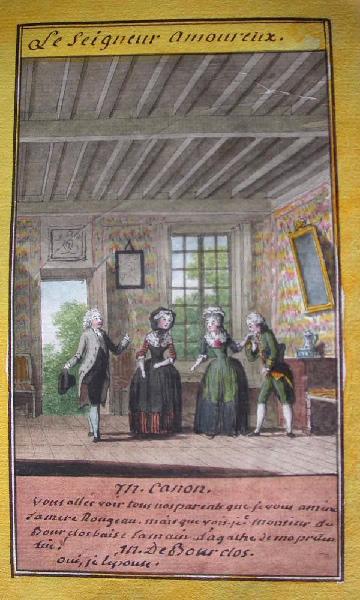 Almanach de 1758 ; Proverbes dramatiques Recueil factice de 103 dessins illustrant le premier tome des Proverbes dramatiques : Le seigneur amoureux