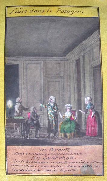 Almanach de 1758 ; Proverbes dramatiques Recueil factice de 103 dessins illustrant le premier tome des Proverbes dramatiques : L'âne dans le potager