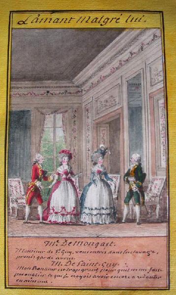 Almanach de 1758 ; Proverbes dramatiques Recueil factice de 103 dessins illustrant le premier tome des Proverbes dramatiques : L'amant malgré lui