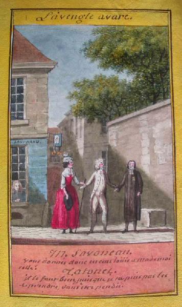 Almanach de 1758 ; Proverbes dramatiques Recueil factice de 103 dessins illustrant le premier tome des Proverbes dramatiques : L'aveugle avare