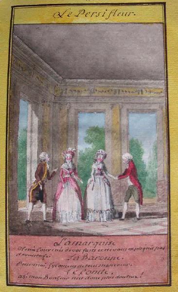Almanach de 1758 ; Proverbes dramatiques Recueil factice de 103 dessins illustrant le premier tome des Proverbes dramatiques : Le persifleur