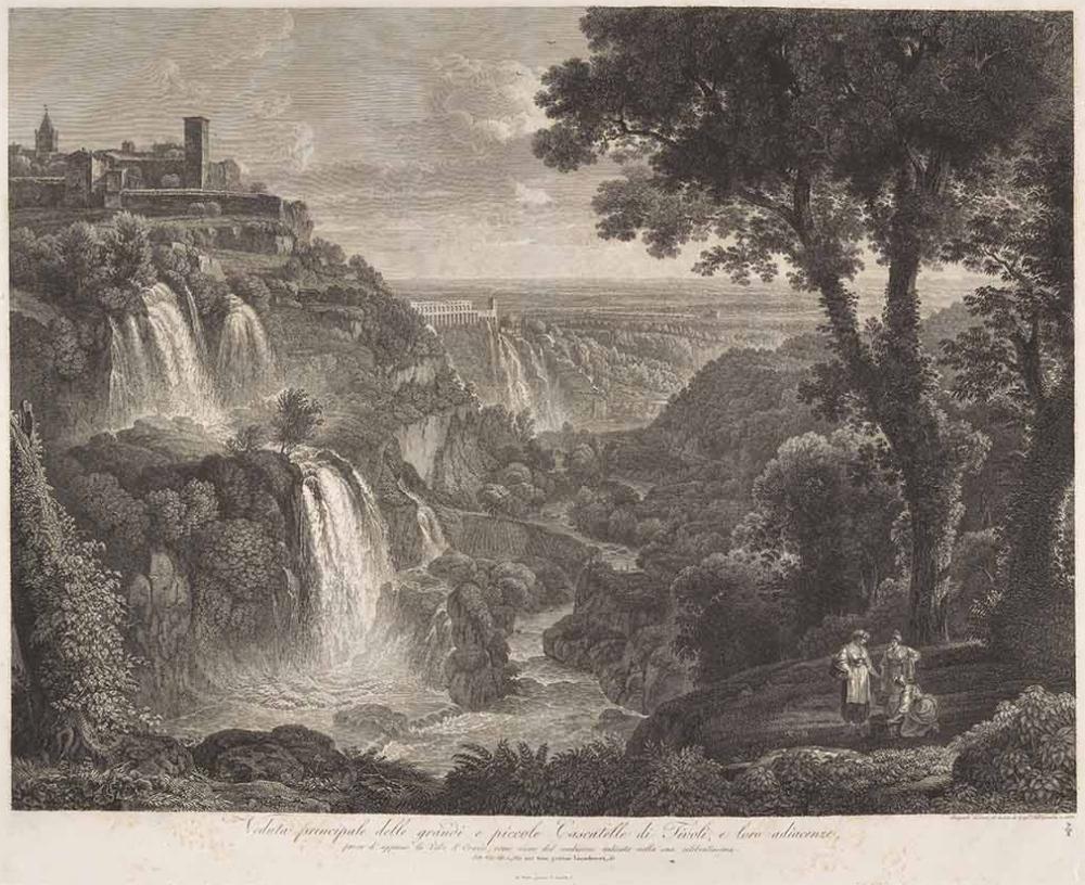 Veduta principale delle grandi e piccole Cascatelli di Tivoli, e loro adiacenze, / ... / Od. VII. lib. I 'Me nec tam patiens Lacaedemon...&c ...