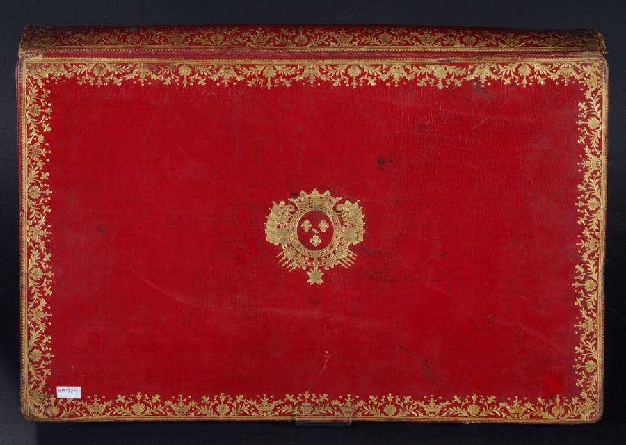 Portefeuille en cuir rouge, aux armes de Condé, bordure dorée, à rabat et à soufflets
