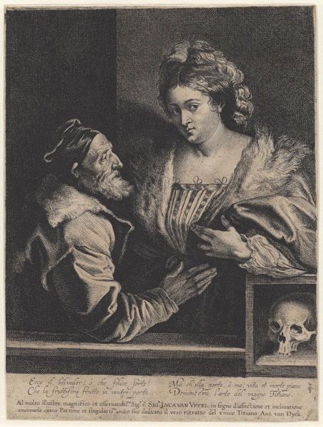 Le Titien et sa maîtresse accoudée sur une boîte contenant un crâne