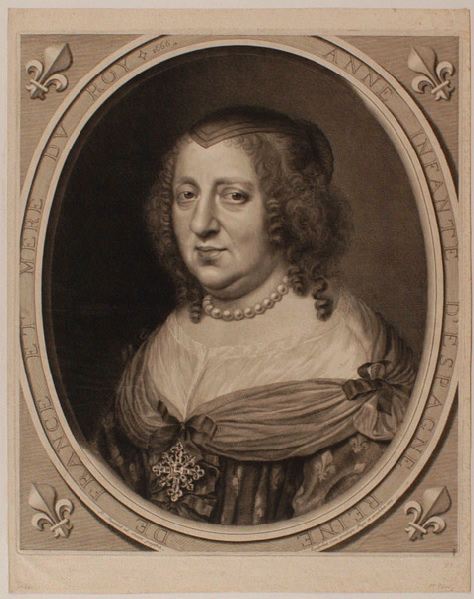 Anne d'Autriche, reine de France et de Navarre puis Régente (Valladolid, 1601 ; Paris, 1666) dans un ovale, chaque angle est garni d'une fleur de lys