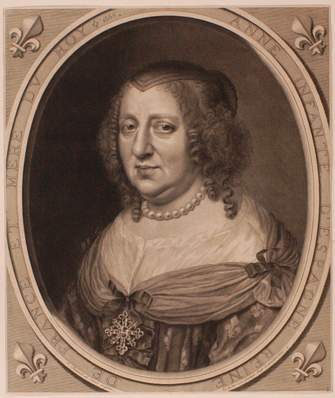 Anne d'Autriche, reine de France et de Navarre puis Régente (Valladolid, 1601 ; Paris, 1666) dans un ovale, chaque angle est garni d'une fleur de lys