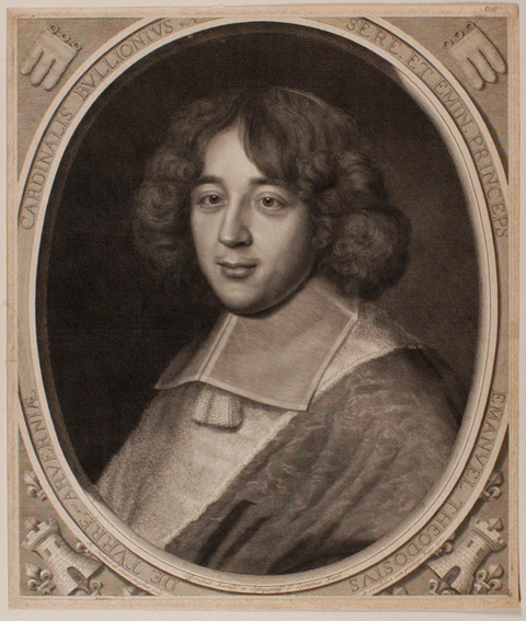 Bouillon (Emmanuel Théodose de la Tour d'Auvergne, cardinal de) abbé de Beaulieu puis de Cluny (Turenne, 1643 ; Rome, 1715) dans un ovale tronqué, les angles du haut sont garnis d'un gonfanon sur champ marbré et les angles du bas d'une tour sur un champ fleurdelisé