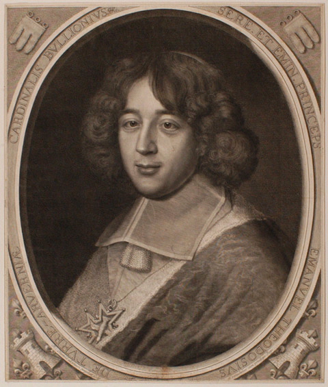 Bouillon (Emmanuel Théodose de la Tour d'Auvergne, cardinal de) abbé de Beaulieu puis de Cluny (Turenne, 1643 ; Rome, 1715) dans un ovale tronqué, les angles du haut sont garnis d'un gonfanon sur champ marbré et les angles du bas d'une tour sur un champ fleurdelisé