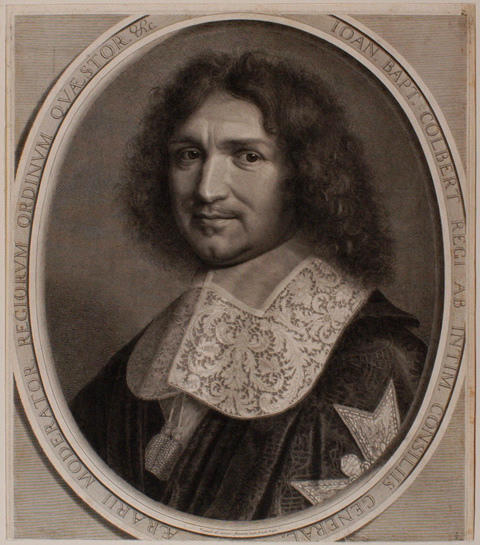 Colbert (Jean-Baptiste) contrôleur général des finances (Reims, 1619 ; Paris, 1683) dans un ovale tronqué, les angles sont teintés de tailles horizontales sans ornements