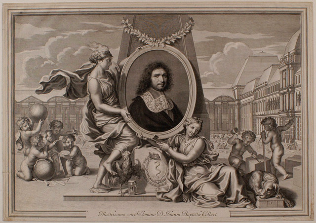 Colbert (Jean-Baptiste) contrôleur général des finances (Reims, 1619 ; Paris, 1683) dans un ovale soutenu par deux allégories, la Vigilance et la Fidélité, accompagné d'enfants des deux côtés