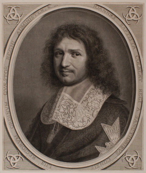 Colbert (Jean-Baptiste) contrôleur général des finances (Reims, 1619 ; Paris, 1683) dans un ovale tronqué, flanqué de trois C enlacés à chaque angle.