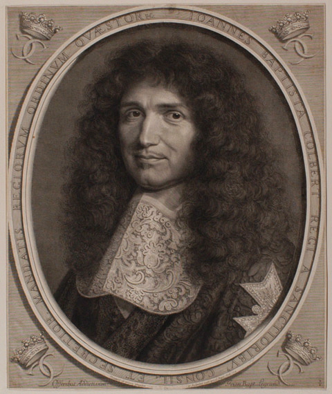 Colbert (Jean-Baptiste) contrôleur général des finances (Reims, 1619 ; Paris, 1683) dans un ovale dont les angles sont ornés de deux C enlacés et couronnés