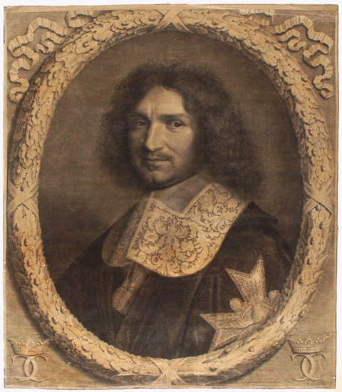 Colbert (Jean-Baptiste) contrôleur général des finances (Reims, 1619 ; Paris, 1683) dans un ovale de feuilles de chênes avec rubans en partie supérieure et dont les angles sont ornés de deux C enlacés et couronnés