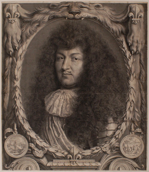 Louis XIV (Saint-Germain-en-Laye, 1638 ; Versailles, 1715) roi de France et de Navarre dans un ovale de feuilles de laurier, posé contre une peau de lion