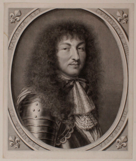 Louis XIV (Saint-Germain-en-Laye, 1638 ; Versailles, 1715) roi de France et de Navarre dans un ovale tronqué, chaque angle est orné d'une fleur de lys