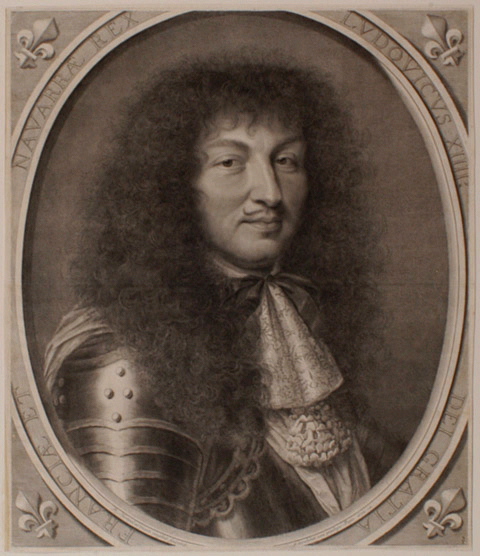 Louis XIV (Saint-Germain-en-Laye, 1638 ; Versailles, 1715) roi de France et de Navarre dans un ovale tronqué, chaque angle est orné d'une fleur de lys