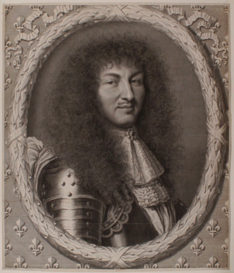 Louis XIV (Saint-Germain-en-Laye, 1638 ; Versailles, 1715) roi de France et de Navarre dans un ovale de feuilles de laurier sur fond de fleur de lys