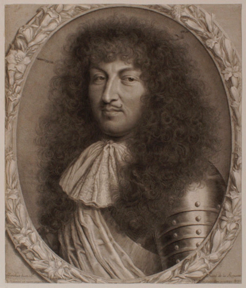 Louis XIV (Saint-Germain-en-Laye, 1638 ; Versailles, 1715) roi de France et de Navarre dans un ovale de lys en fleurs et en boutons