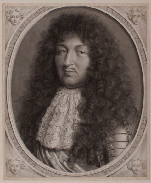 Louis XIV (Saint-Germain-en-Laye, 1638 ; Versailles, 1715) roi de France et de Navarre dans un ovale, chaque angle est orné de la face du soleil