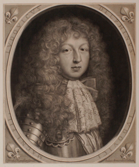 Louis dauphin de France (le grand dauphin) (Fontainebleau, 1661 ; Meudon, 1711) dans un ovale tronqué, chaque angle est orné d'une fleur de lys