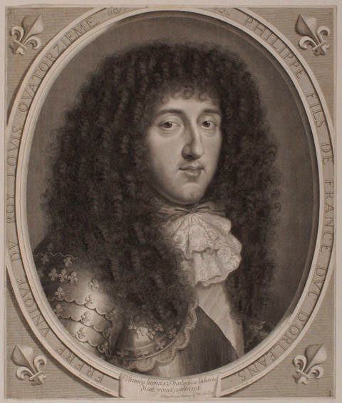 Philippe de France duc d'Orléans (Saint-Germain-en-Laye, 1640 ; Château de Saint-Cloud, 1701) dans un ovale tronqué, chaque angle est orné d'une fleur de lys