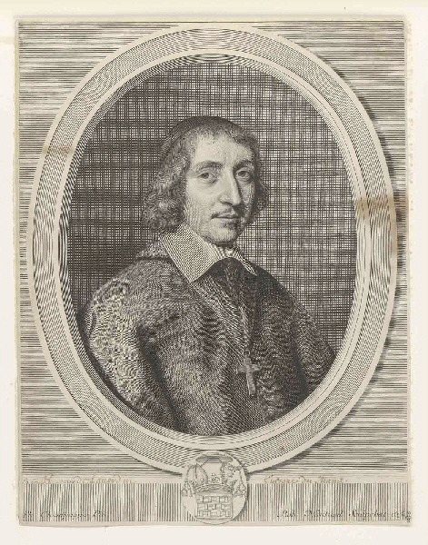 Philibert Emmanuel de Beaumanoir de Lavardin (Château de Malicorne, 1617 ; Paris, 1671) évêque du Mans dans une bordure ovale armoriée à sa base chaque angle est garni d'un double monogramme