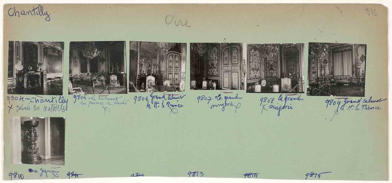 Photographies : planche au format planche-contact de 7 vues intérieures de Chantilly contrecollées sur carton vert