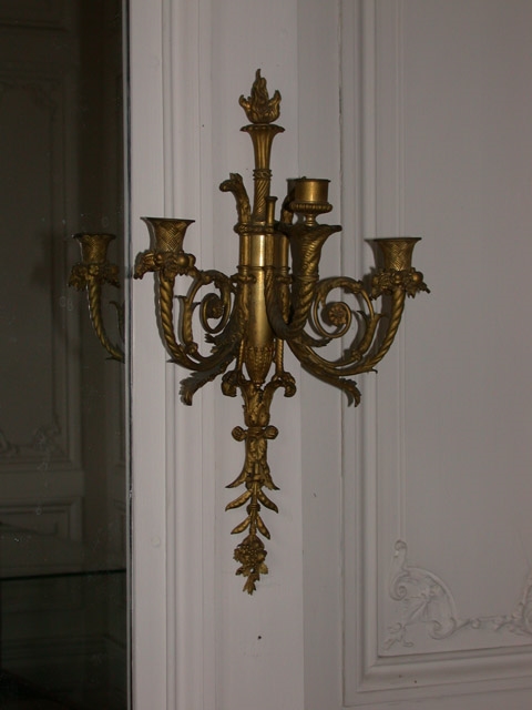 Paire de bras de lumière Louis XVI en bronze doré à trois branches, feuillage et tête d’aigle fantastique