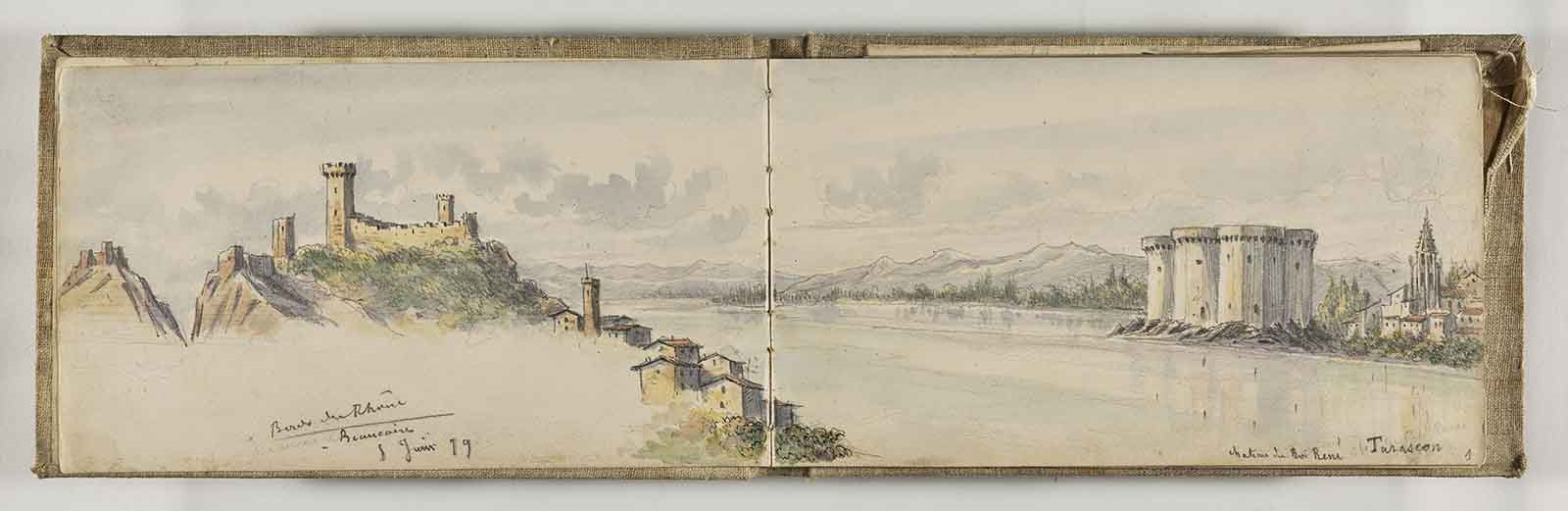 Vue du Rhône avec le château de Beaucaire à gauche et le château de Tarascon à droite. ; Carnet d’Inspection générale en 1879 / avec le duc d’Aumale / 16e -17e -18e Corps / Cévennes - Pyrénées Or.tles - Auvergne