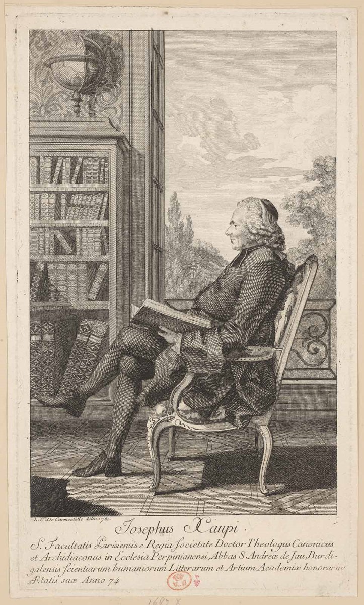 Portrait de Joseph Xaupi (Perpignan, 1688 ; Paris, 1778) assis, de profil gauche, devant une fenêtre ouverte et une bibliothèque ; Recueil de 27 gravures par ou d’après CARMONTELLE en taille-douce rassemblées dans un portefeuille en maroquin rouge estampée à chaud et à froid d’un décor de roulettes, aux armes des Orléans ; étiquette collée au contre-plat supérieur : Ex-libris A. Bérard n° 276.