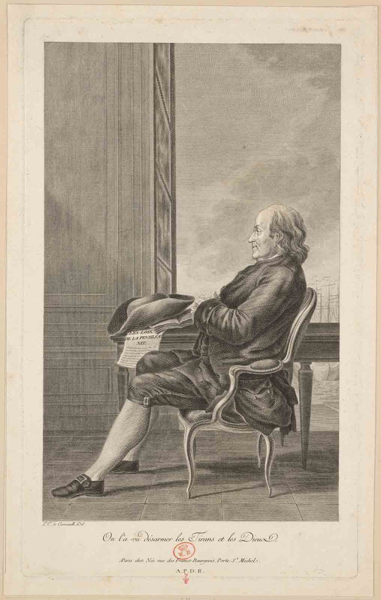 [Benjamin Franklin] ; Recueil de 27 gravures par ou d’après CARMONTELLE en taille-douce rassemblées dans un portefeuille en maroquin rouge estampée à chaud et à froid d’un décor de roulettes, aux armes des Orléans ; étiquette collée au contre-plat supérieur : Ex-libris A. Bérard n° 276.