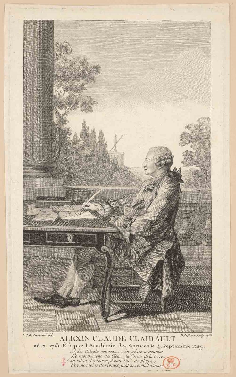 ALEXIS CLAUDE CLAIRAULT / né en 1713. Élû par l’Académie des Sciences le 4 . Septembre 1729. ; Recueil de 27 gravures par ou d’après CARMONTELLE en taille-douce rassemblées dans un portefeuille en maroquin rouge estampée à chaud et à froid d’un décor de roulettes, aux armes des Orléans ; étiquette collée au contre-plat supérieur : Ex-libris A. Bérard n° 276.