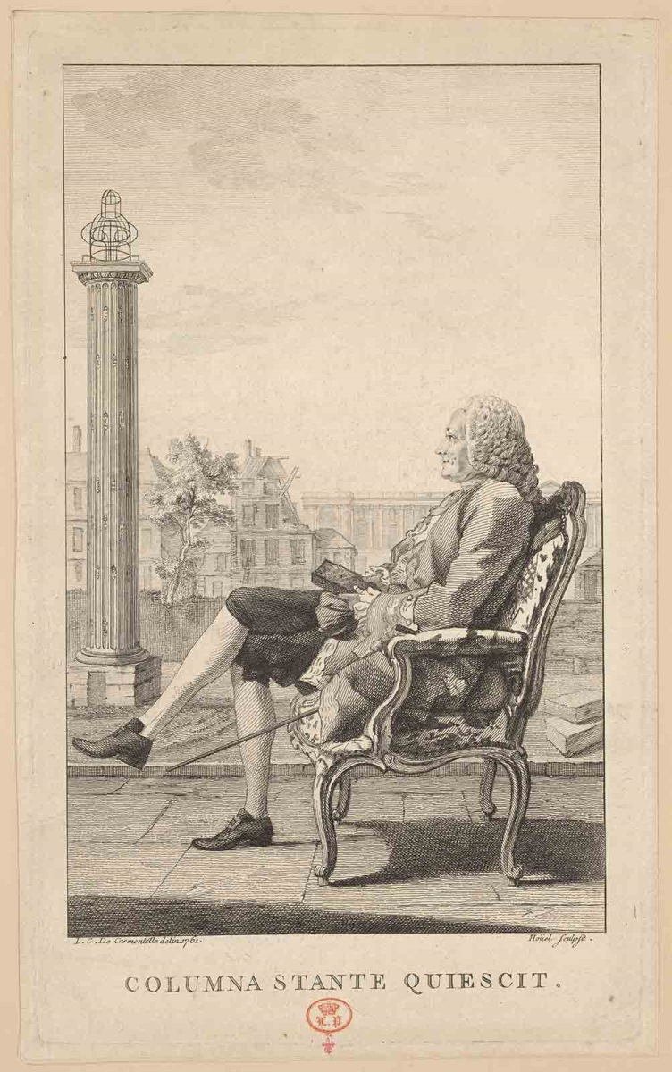 COLUMNA STANTE QUIESCIT. ; Recueil de 27 gravures par ou d’après CARMONTELLE en taille-douce rassemblées dans un portefeuille en maroquin rouge estampée à chaud et à froid d’un décor de roulettes, aux armes des Orléans ; étiquette collée au contre-plat supérieur : Ex-libris A. Bérard n° 276.