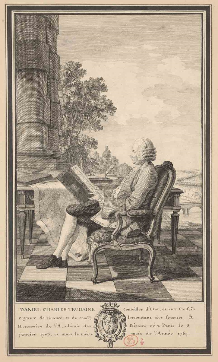 Portrait de Daniel-Charles Trudaine (Paris, 1703-1769) ; Recueil de 27 gravures par ou d’après CARMONTELLE en taille-douce rassemblées dans un portefeuille en maroquin rouge estampée à chaud et à froid d’un décor de roulettes, aux armes des Orléans ; étiquette collée au contre-plat supérieur : Ex-libris A. Bérard n° 276.