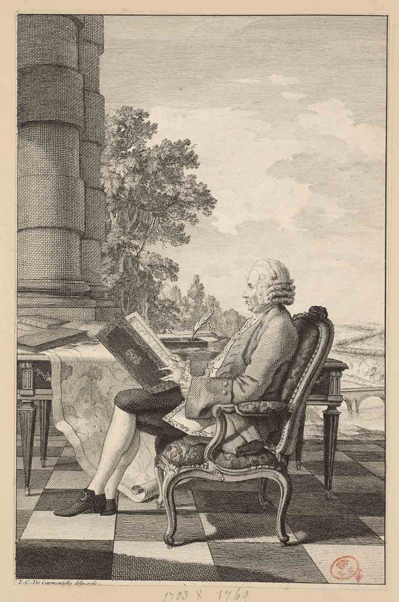 Portrait de Daniel-Charles Trudaine (Paris, 1703-1769) ; Recueil de 27 gravures par ou d’après CARMONTELLE en taille-douce rassemblées dans un portefeuille en maroquin rouge estampée à chaud et à froid d’un décor de roulettes, aux armes des Orléans ; étiquette collée au contre-plat supérieur : Ex-libris A. Bérard n° 276.