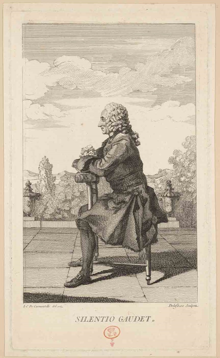 [Jean-Baptiste Durey de Meinières] ; Recueil de 27 gravures par ou d’après CARMONTELLE en taille-douce rassemblées dans un portefeuille en maroquin rouge estampée à chaud et à froid d’un décor de roulettes, aux armes des Orléans ; étiquette collée au contre-plat supérieur : Ex-libris A. Bérard n° 276.