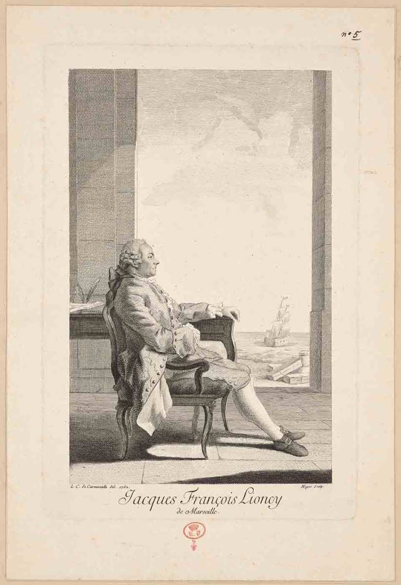 Jacques François Lioncy / de Marseille. ; Recueil de 27 gravures par ou d’après CARMONTELLE en taille-douce rassemblées dans un portefeuille en maroquin rouge estampée à chaud et à froid d’un décor de roulettes, aux armes des Orléans ; étiquette collée au contre-plat supérieur : Ex-libris A. Bérard n° 276.