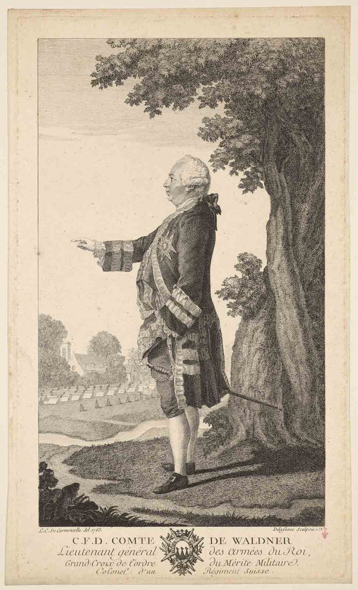 C.F.D. COMTE DE WALDNER / Lieutenant général des Armées du Roi ; Recueil de 27 gravures par ou d’après CARMONTELLE en taille-douce rassemblées dans un portefeuille en maroquin rouge estampée à chaud et à froid d’un décor de roulettes, aux armes des Orléans ; étiquette collée au contre-plat supérieur : Ex-libris A. Bérard n° 276.