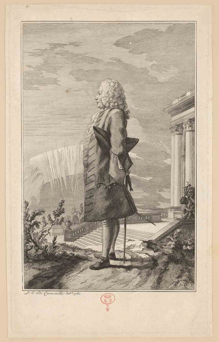 [Jean-Jacques Dortous de Mairan] ; Recueil de 27 gravures par ou d’après CARMONTELLE en taille-douce rassemblées dans un portefeuille en maroquin rouge estampée à chaud et à froid d’un décor de roulettes, aux armes des Orléans ; étiquette collée au contre-plat supérieur : Ex-libris A. Bérard n° 276.