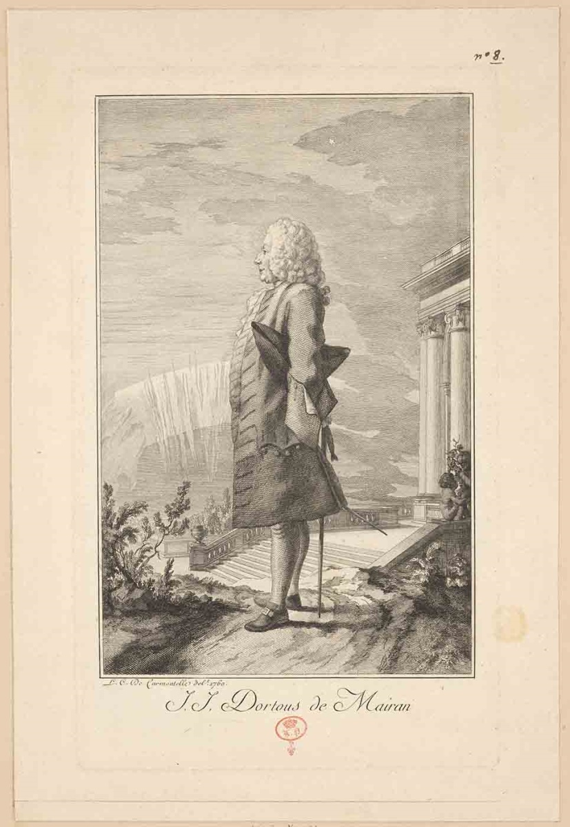 J. J. Dortous de Mairan ; Recueil de 27 gravures par ou d’après CARMONTELLE en taille-douce rassemblées dans un portefeuille en maroquin rouge estampée à chaud et à froid d’un décor de roulettes, aux armes des Orléans ; étiquette collée au contre-plat supérieur : Ex-libris A. Bérard n° 276.