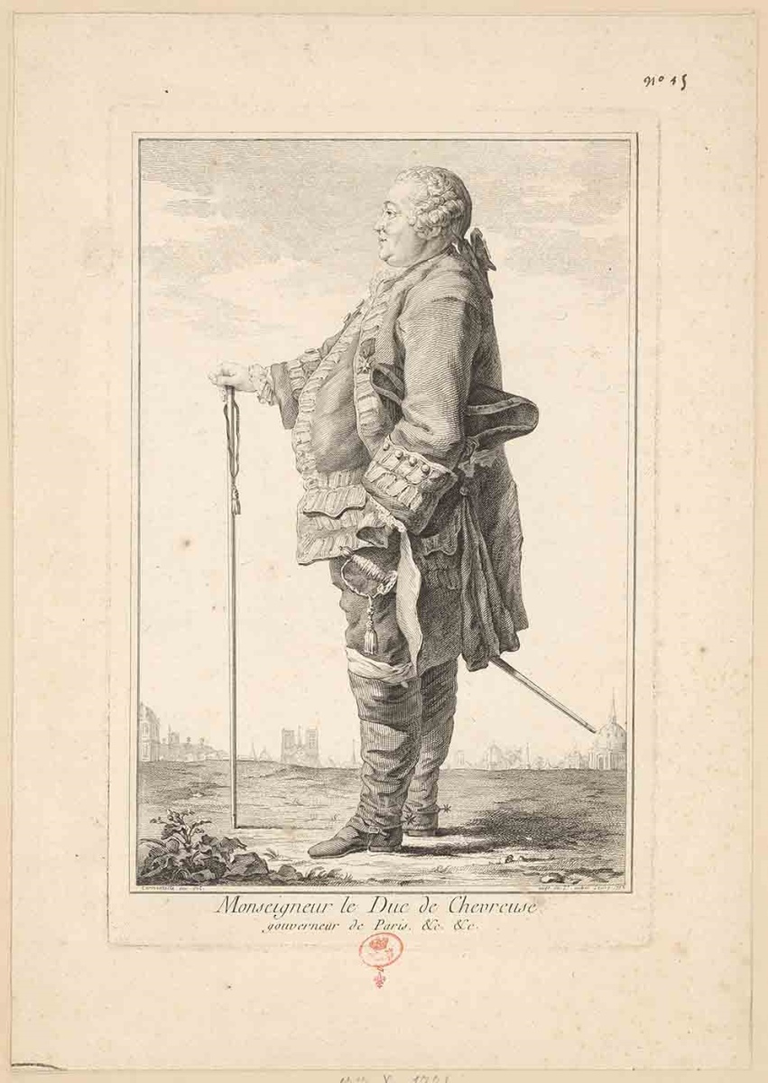 [duc de Chevreuse] ; Recueil de 27 gravures par ou d’après CARMONTELLE en taille-douce rassemblées dans un portefeuille en maroquin rouge estampée à chaud et à froid d’un décor de roulettes, aux armes des Orléans ; étiquette collée au contre-plat supérieur : Ex-libris A. Bérard n° 276.