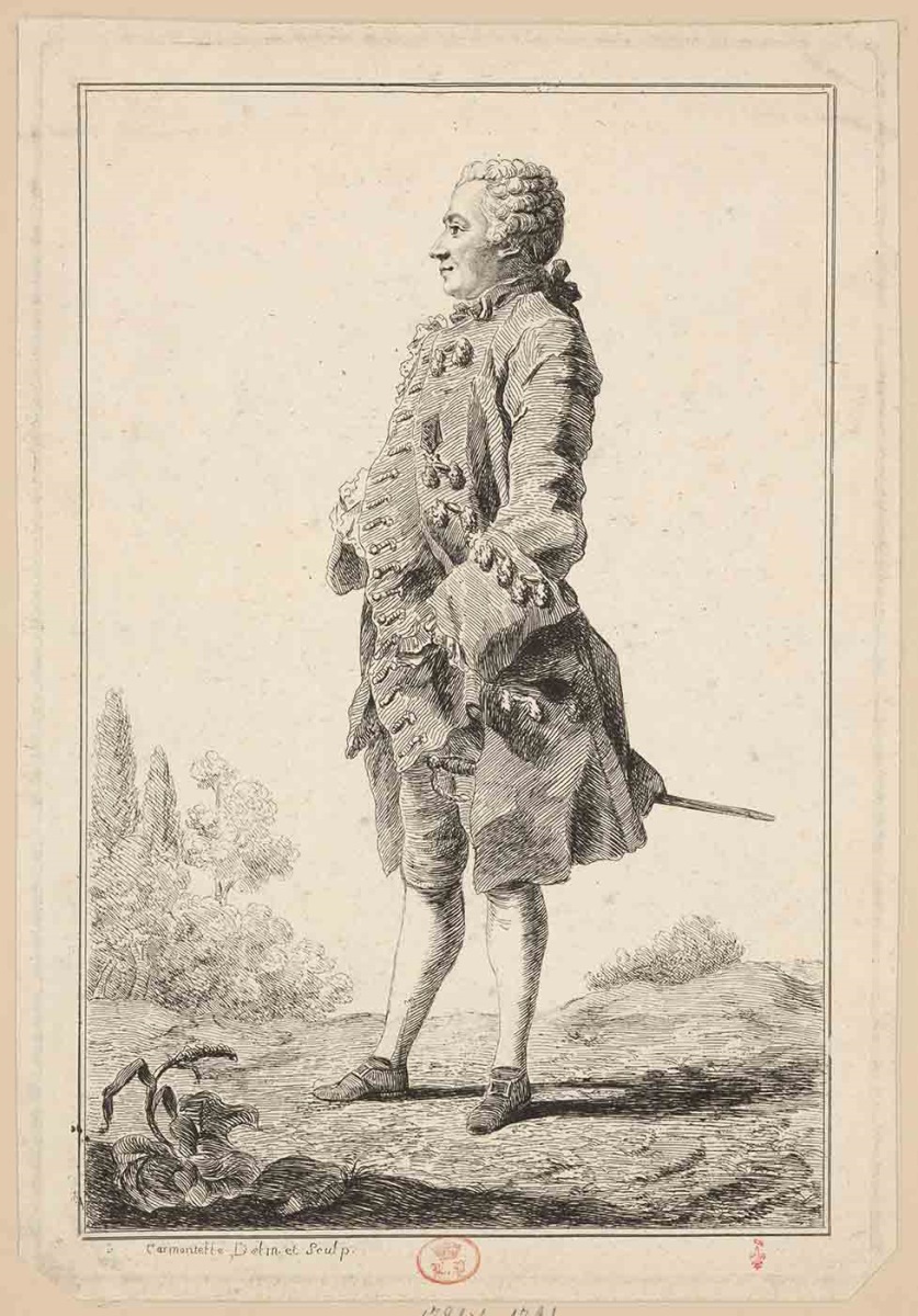 [baron de Bésenval] ; Recueil de 27 gravures par ou d’après CARMONTELLE en taille-douce rassemblées dans un portefeuille en maroquin rouge estampée à chaud et à froid d’un décor de roulettes, aux armes des Orléans ; étiquette collée au contre-plat supérieur : Ex-libris A. Bérard n° 276.