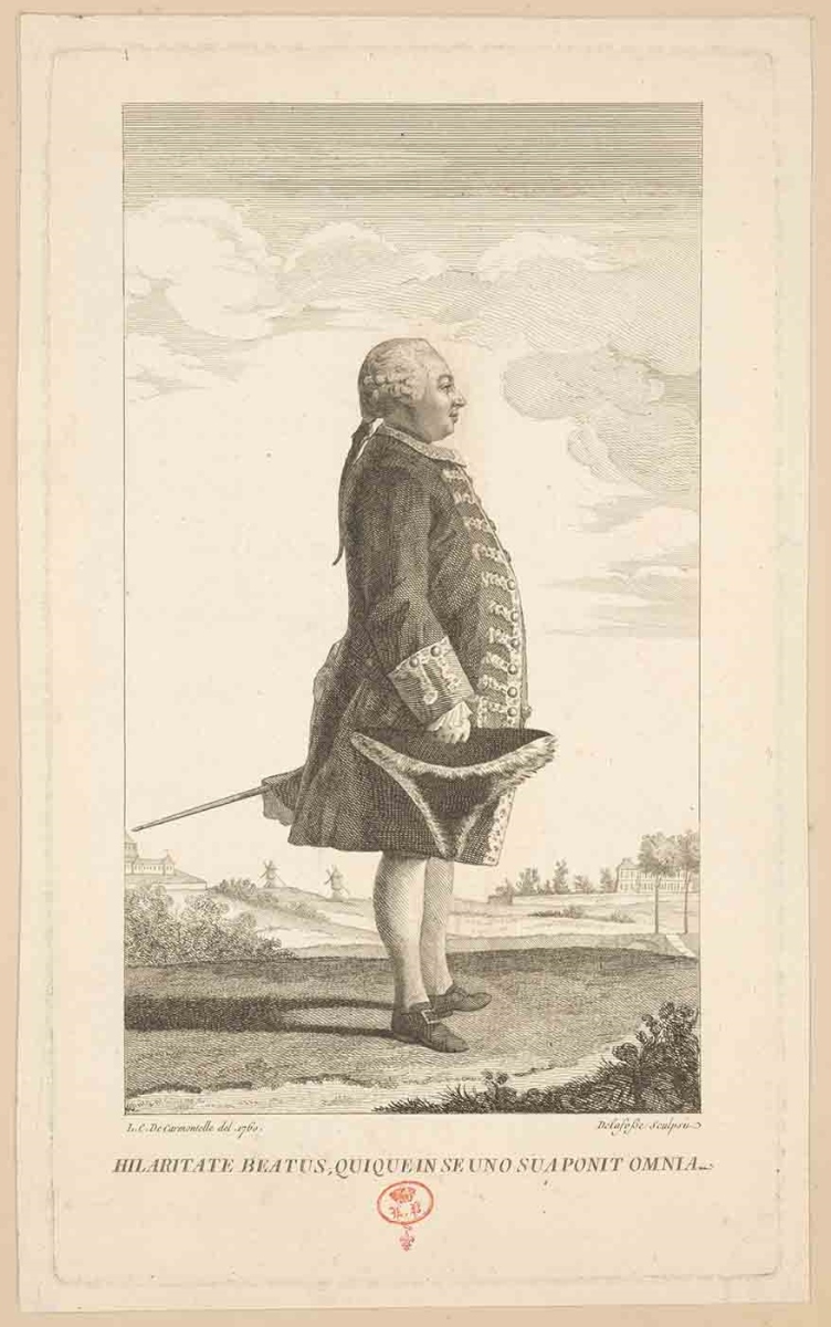 [Jean-Louis Durey de Meinières de Bourneville] ; Recueil de 27 gravures par ou d’après CARMONTELLE en taille-douce rassemblées dans un portefeuille en maroquin rouge estampée à chaud et à froid d’un décor de roulettes, aux armes des Orléans ; étiquette collée au contre-plat supérieur : Ex-libris A. Bérard n° 276.