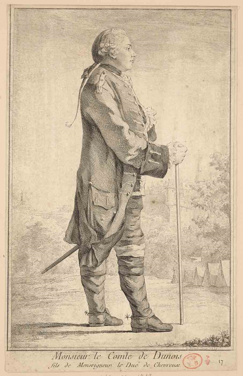 Monsieur le Comte de Dunois / fils de Monseigneur le Duc de Chevreuse ; Recueil de 27 gravures par ou d’après CARMONTELLE en taille-douce rassemblées dans un portefeuille en maroquin rouge estampée à chaud et à froid d’un décor de roulettes, aux armes des Orléans ; étiquette collée au contre-plat supérieur : Ex-libris A. Bérard n° 276.