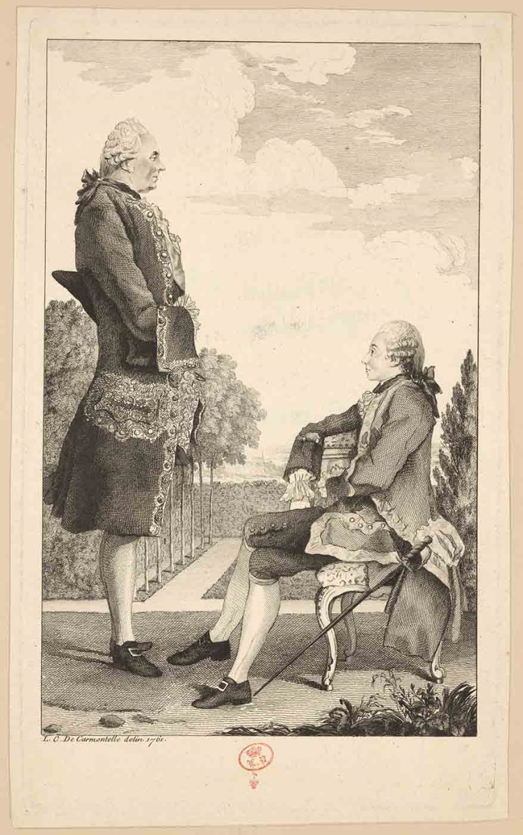 [double portrait du chevalier de Montbarrey et du comte d’Entragues] ; Recueil de 27 gravures par ou d’après CARMONTELLE en taille-douce rassemblées dans un portefeuille en maroquin rouge estampée à chaud et à froid d’un décor de roulettes, aux armes des Orléans ; étiquette collée au contre-plat supérieur : Ex-libris A. Bérard n° 276.